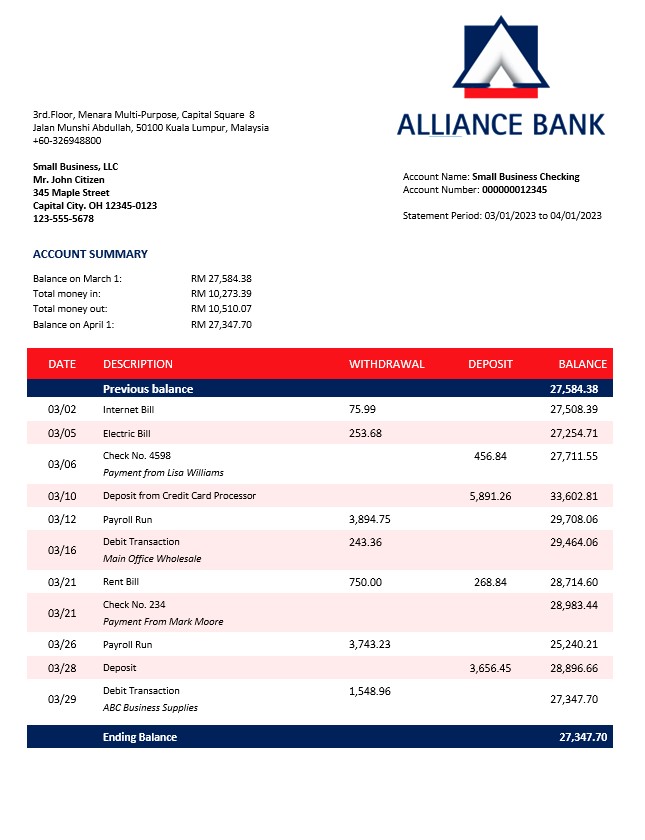 Modèle Word et PDF de relevé de compte d'entreprise Alliance Bank